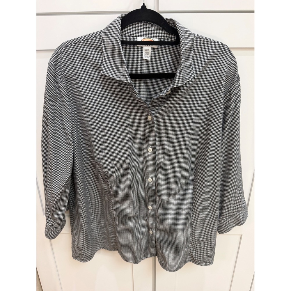 Talbots Woman Shirt 20W Black White Houndstooth Cotton Button Down 3/4 Sleeve